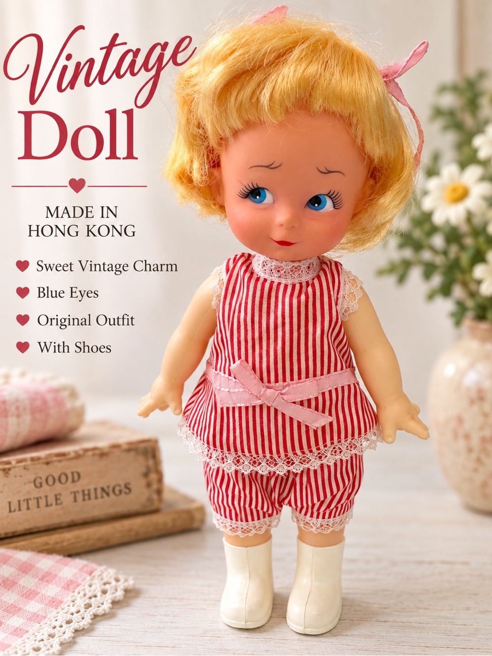 Vintage Blonde Doll Blue Eyes Red White Striped Outfit Hong Kong